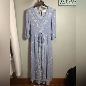 Piper Blue Dress with V-Neck and 3/4 Bishop Sleeves